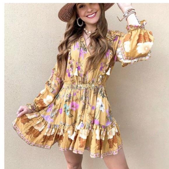 Dresses & Skirts - Floral print boho Ruffle Detail Mini Dress MUSTARD